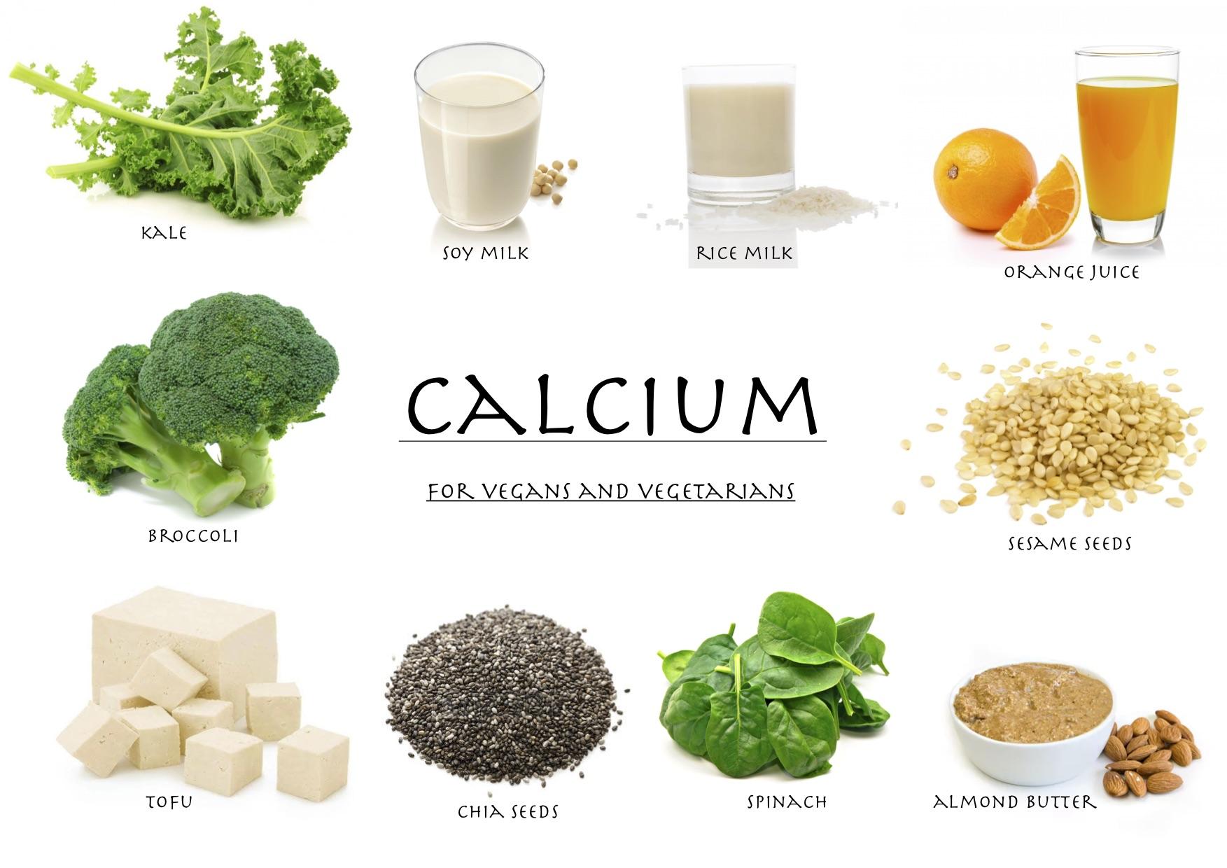 Diferentes fuentes de calcio como el jugo de narana, la mantequilla de almendras, la leche de soya, entre otros