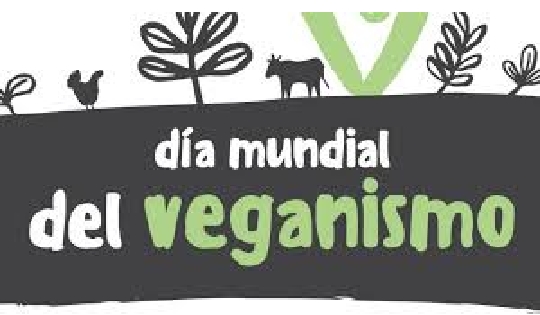 Día mundial del veganismo, afiche con vaca y pollo