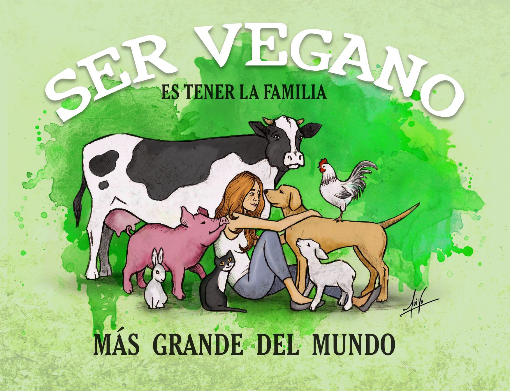 imagen con mujer rodeada de animales de granja con mensaje que indica que ser vegano es tener la familia más grande del mundo